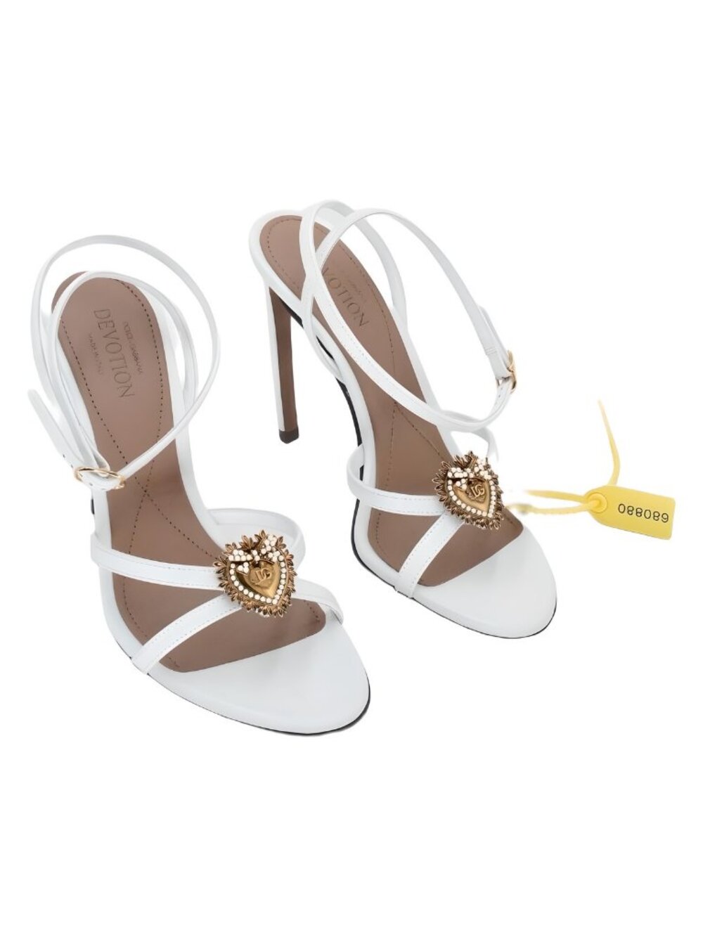 Dolce & Gabbana Devotion White Calfskin Heart Sandals 4" Stiletto Heel Sz 7M